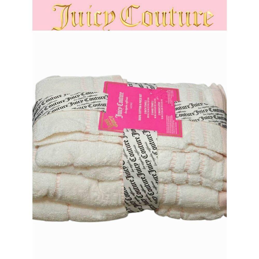 Juicy Couture Home Embroidered Dash 6-Piece Bath Towel Set- White/Pink